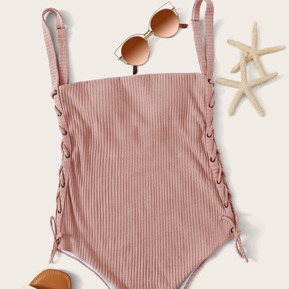 Rib Lace-Up Side One Piece Swimsuit